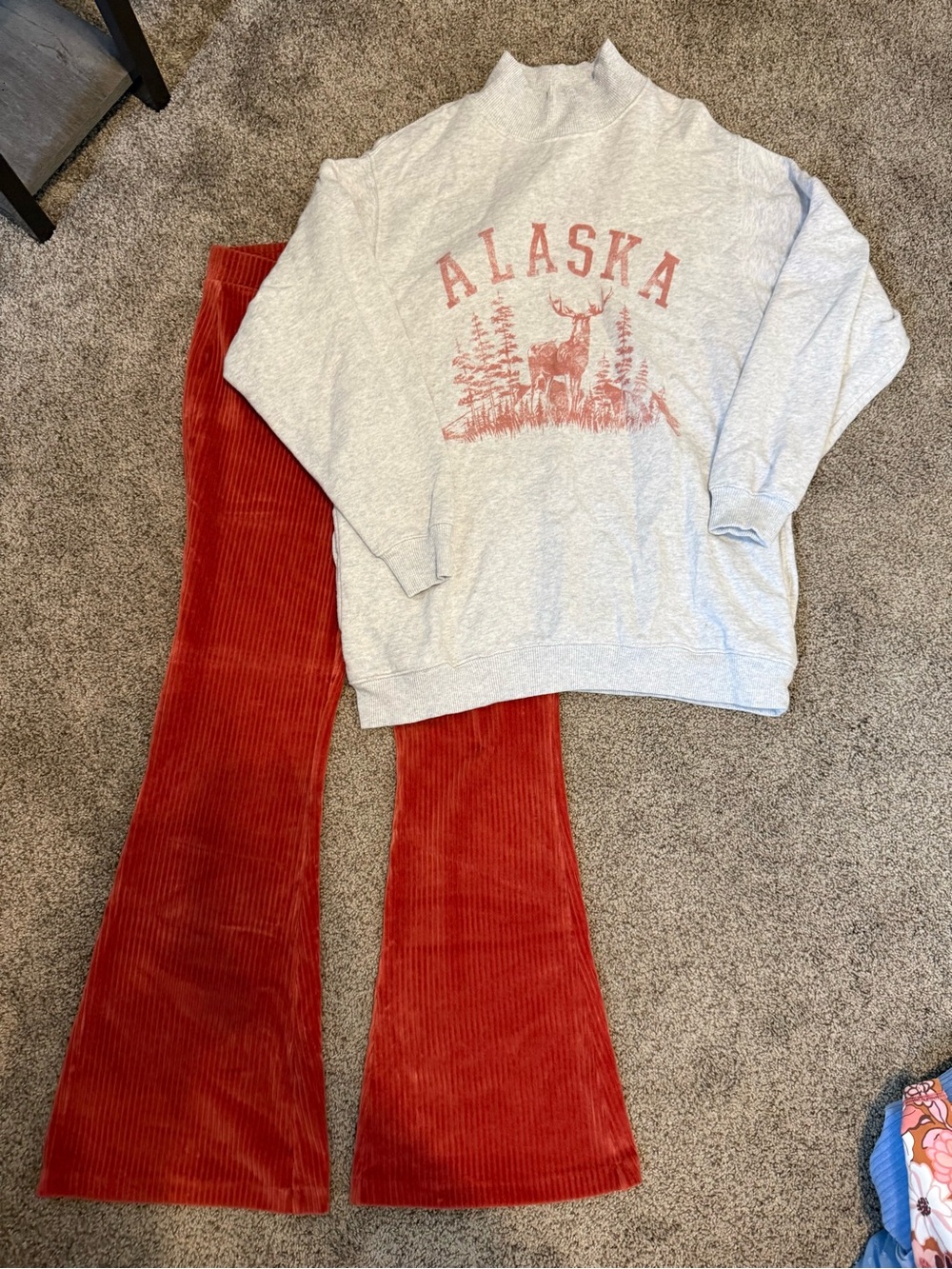 aerie Light Gray Alaska Graphic Sweatshirt with Rust Red Corduroy Pants